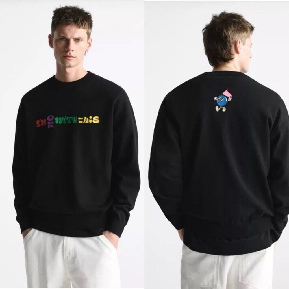 ZARA Sweater Mens Large Text Print Long Sleeve Cotton Tight Knit Black Pullover